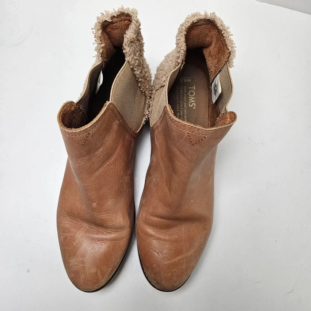 Toms Sherpa Heel Booties Women's 8.5 Tan Leather Ankle Boots‎
